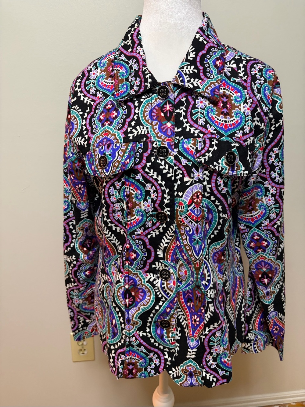 Analogy Multicolor Psychedelic Paisley Cotton Shirt Jacket L Boho Art to Wear